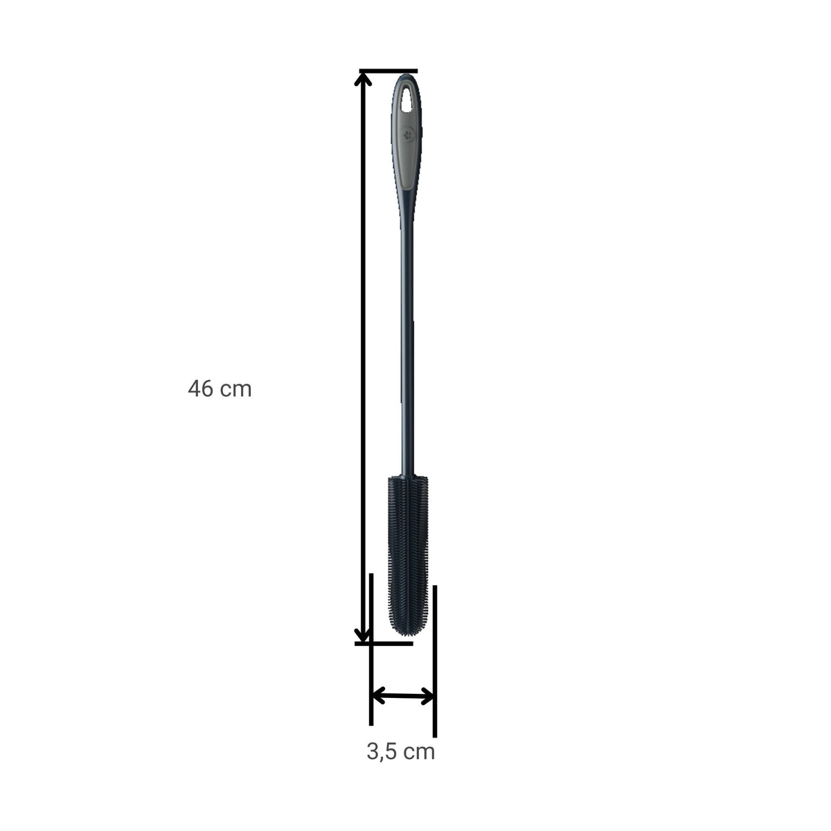 Dünne Flaschenbürste in Anthrazit mit langem Griff, Länge 46 cm, Bürstendurchmesser 3,5 cm.
