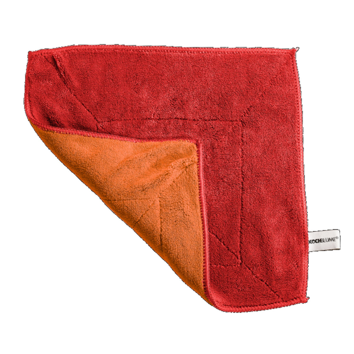 Mikrofaser-Reinigungstuch in Rot-Orange mit sichtbarer Struktur und eingenähtem weißen Etikett.