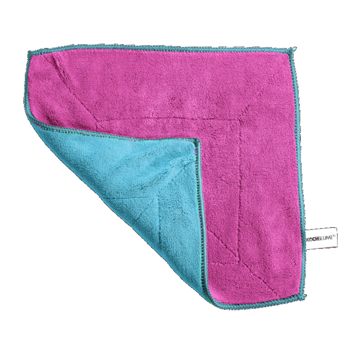 Mikrofasertuch in Pink und Türkis mit eckiger Naht und Schlaufe.