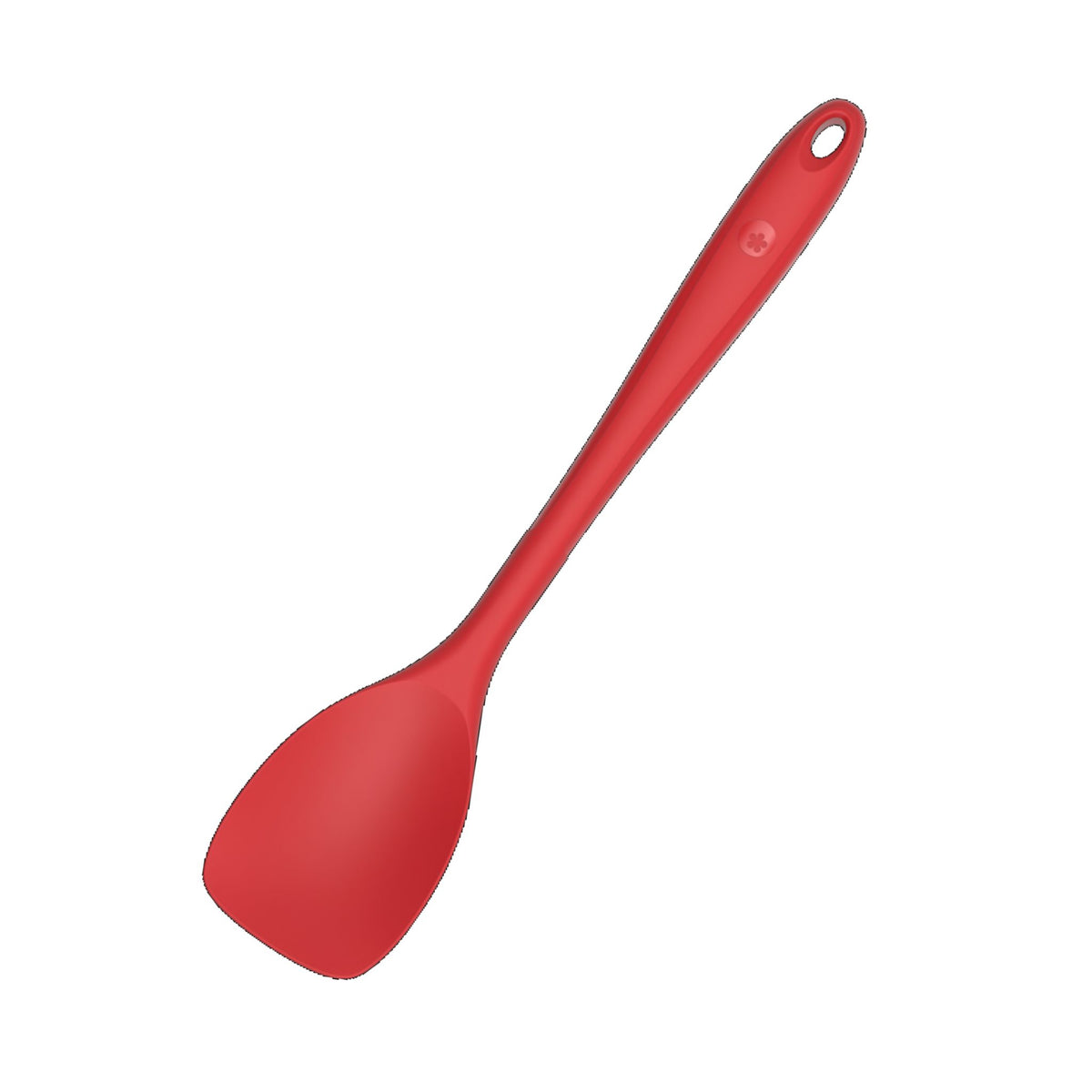 Flexlöffel aus Silikon in Rot mit gelochtem Griffende und flexibler Löffelspitze.