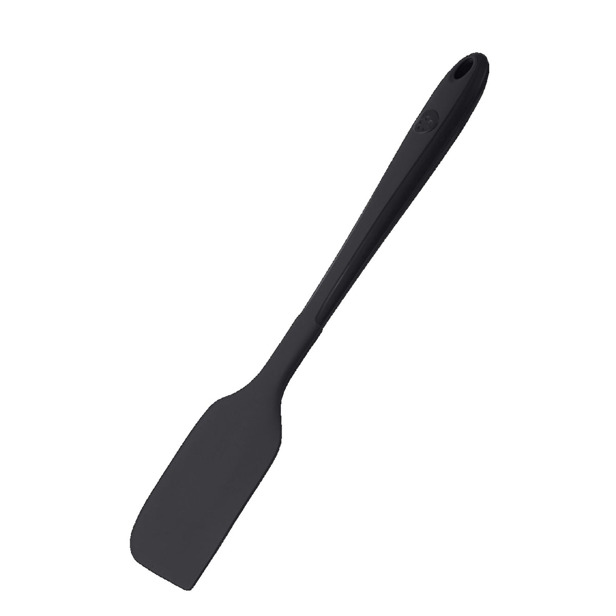 Teigschaber aus flexiblem, anthrazitfarbenem Silikon mit ergonomischem Griff und Aufhängeloch.