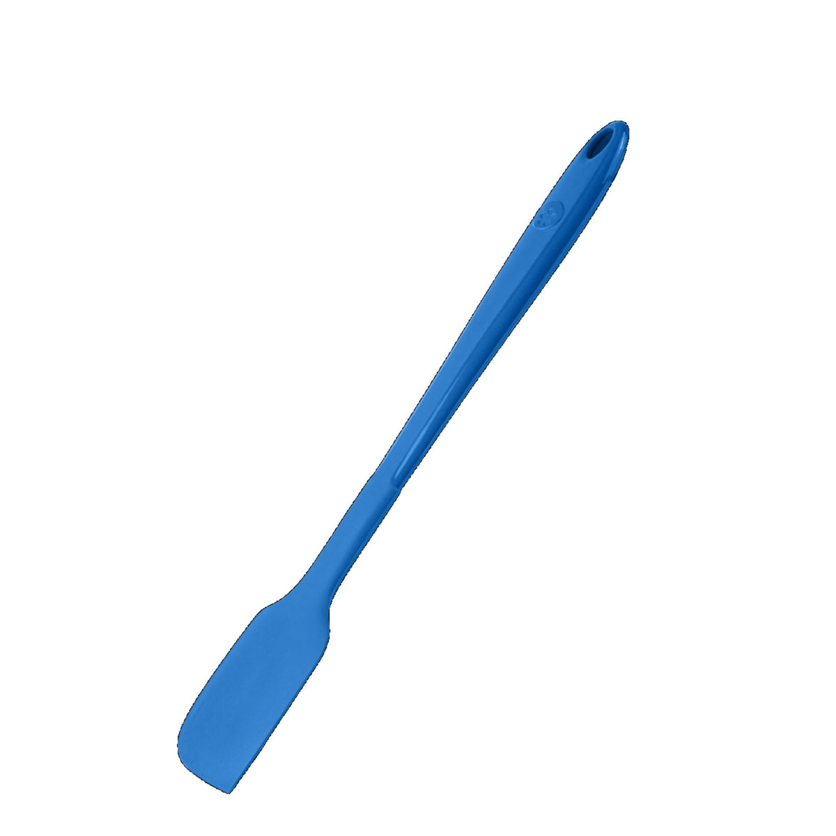 Blauer Teigschaber aus flexiblem Silikon mit langem Griff und Aufhängeloch.