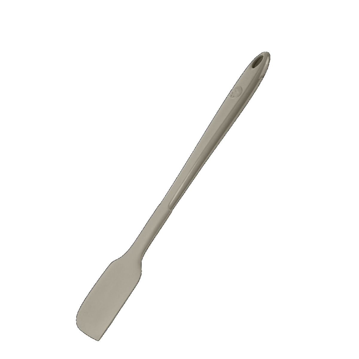 Anthrazitfarbener Teigschaber aus flexiblem Silikon mit langem Griff und Aufhängeloch.