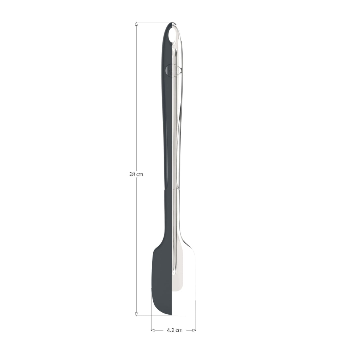 Schwarzer Teigschaber mit Edelstahlgriff, 28 cm lang, 3,2 cm breit.