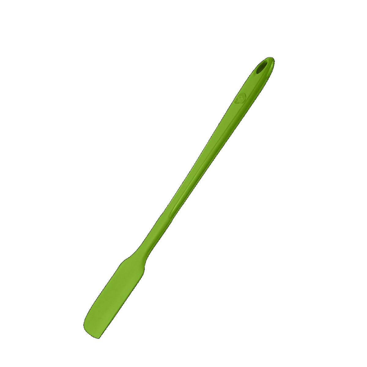 Grüner Teigschaber aus flexiblem Silikon mit langem Griff und Aufhängeloch.