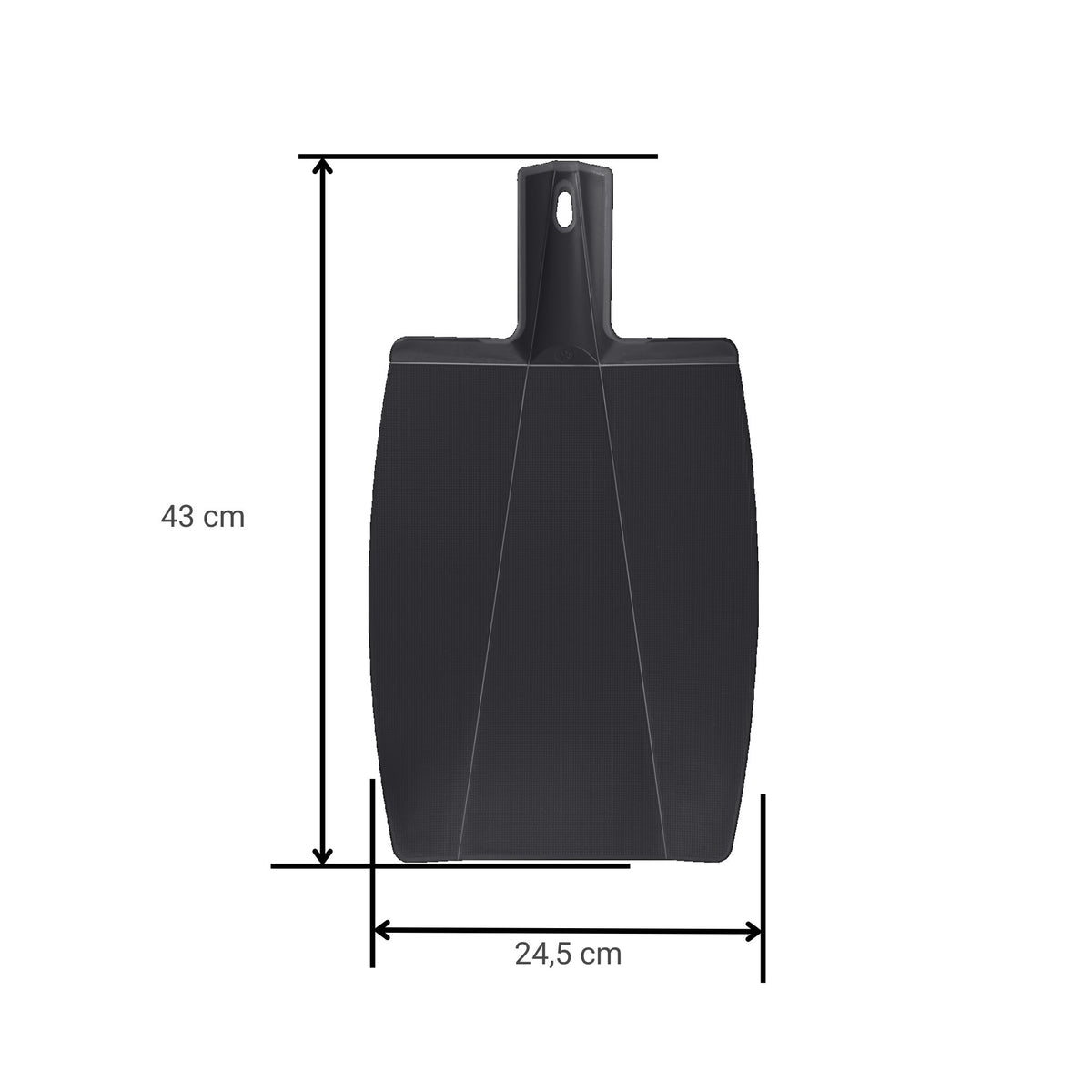 Anthrazitfarbenes Faltschneidebrett mit rechteckiger Form und Griffloch, 43 x 24,5 cm groß.