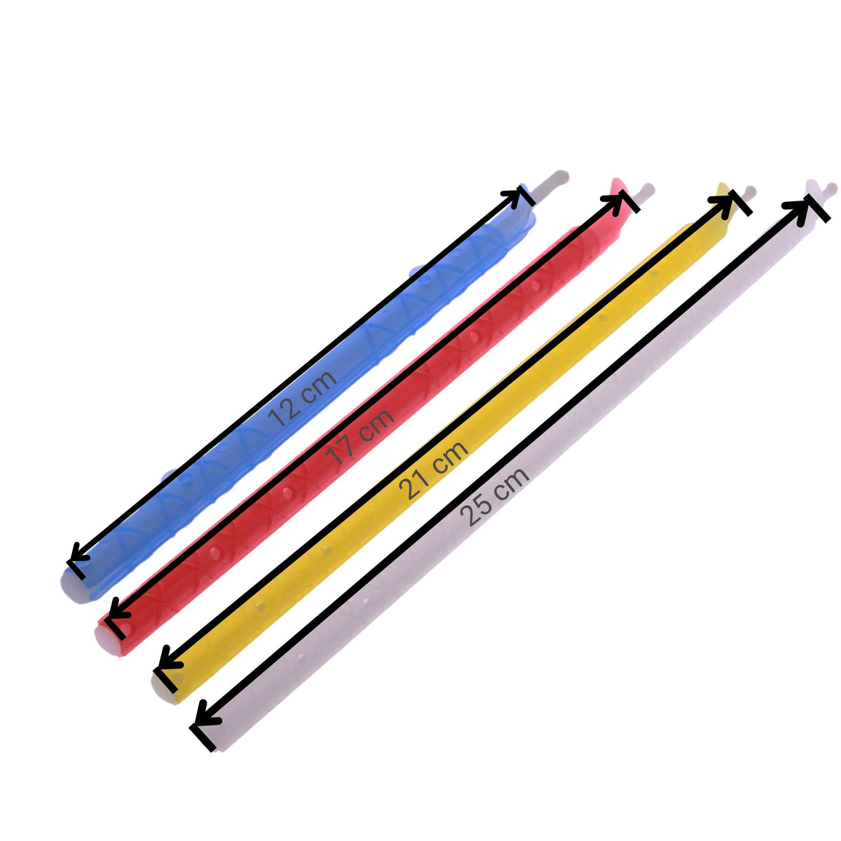 Vier bunte Tütenverschluss Clips in den Längen 12 cm, 17 cm, 21 cm und 25 cm mit Aufdruck der Länge.