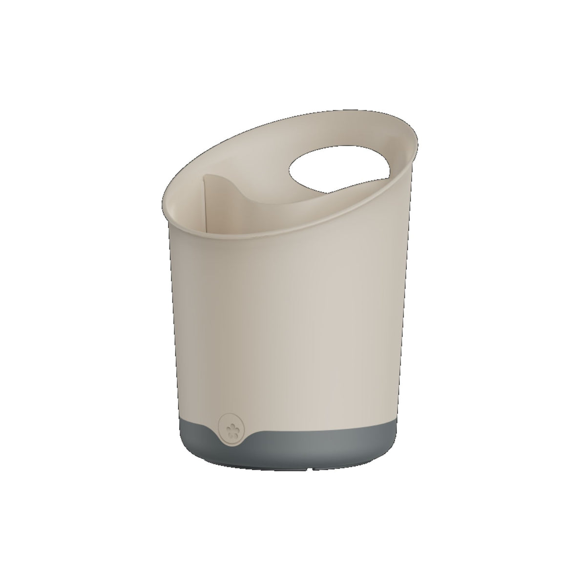 Utensilienbehälter aus Kunststoff in Taupe mit grauem Boden und ovaler Aussparung oben.