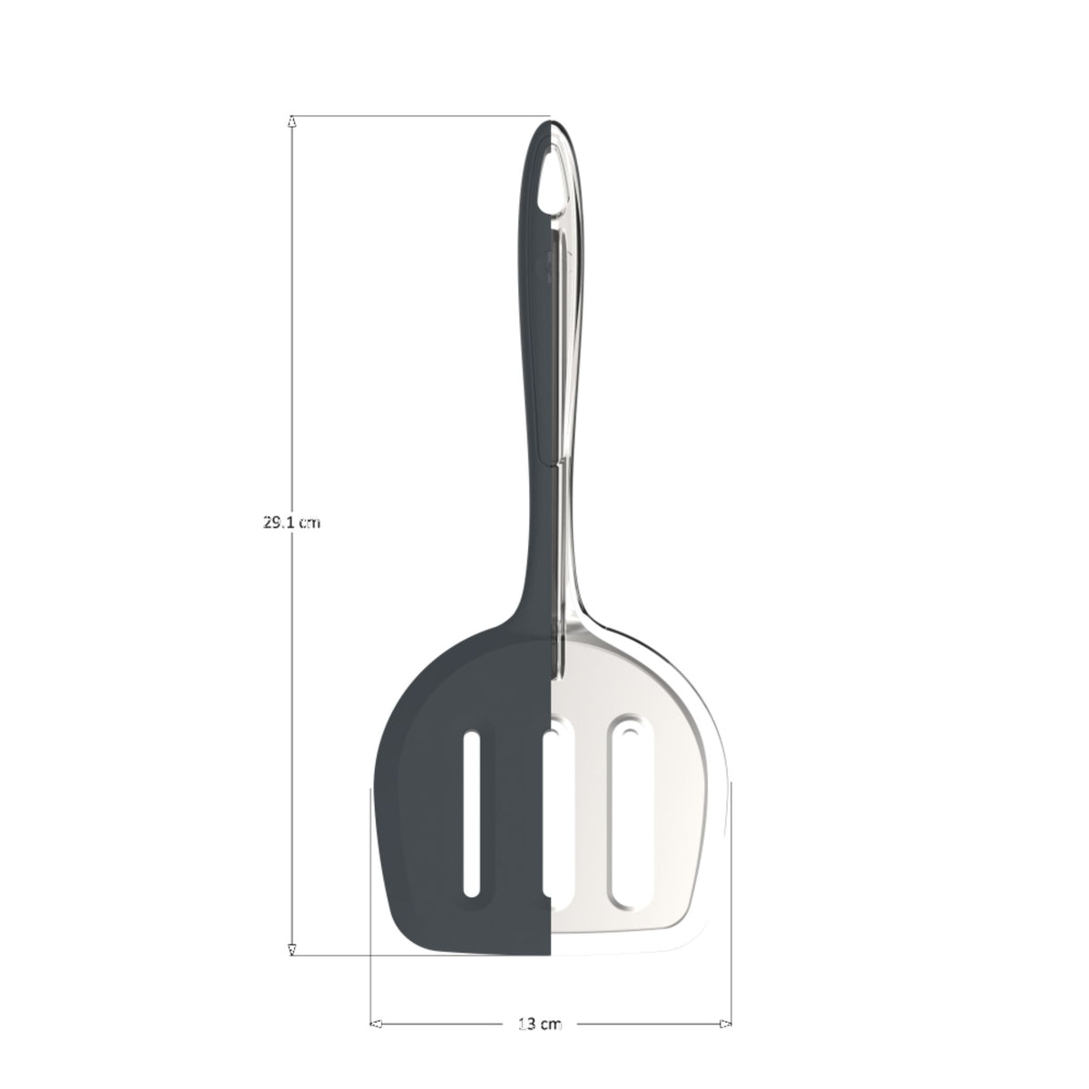 Pfannenwender mit anthrazitfarbener Silikonfläche und Edelstahlgriff, 28,5 cm lang.