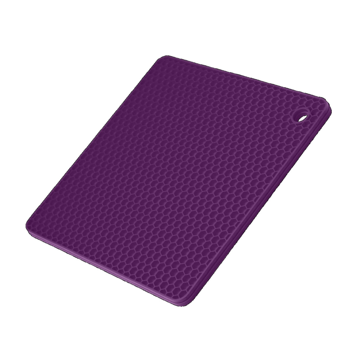 Quadratischer Topfuntersetzer in dunklem Lila mit Wabenmuster und Aufhängeloch.