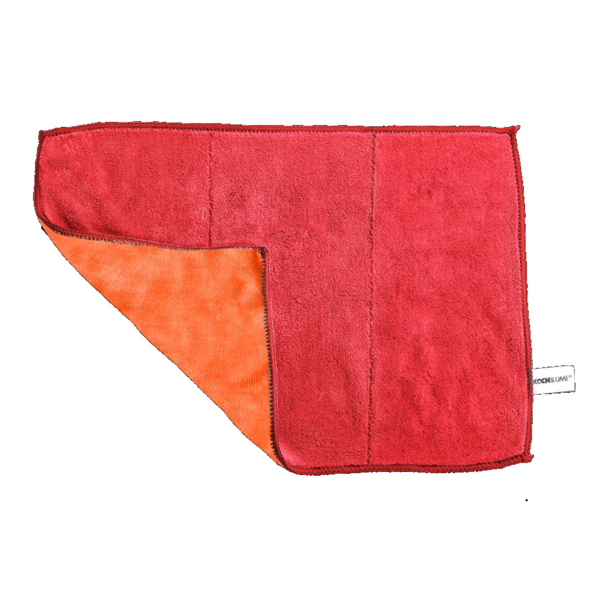 Geschirrtuch in Rot mit umgeschlagener Ecke und orangefarbener Rückseite aus weichem Material.
