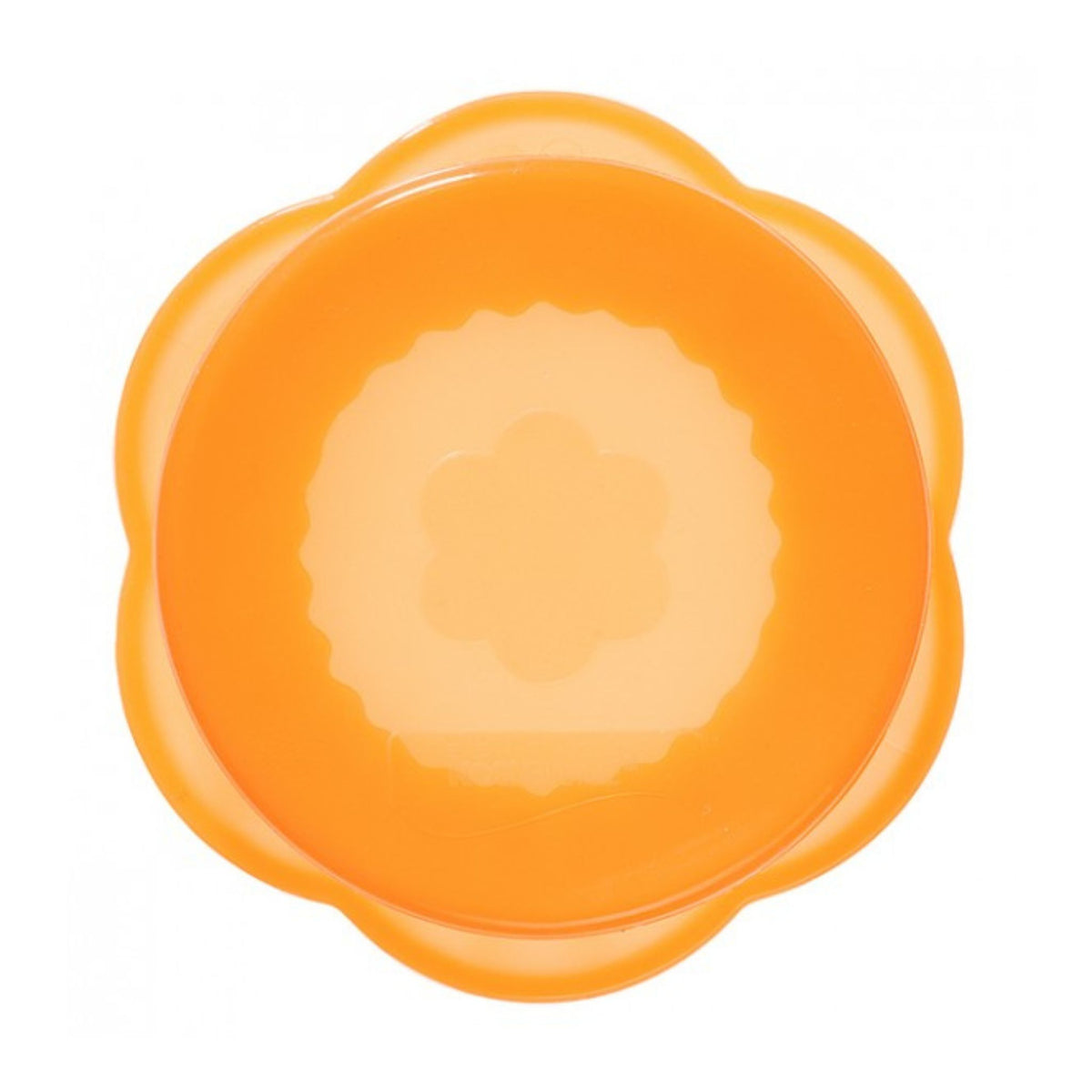 Runder orangefarbener Deckel mit Blumenmuster aus Kunststoff, Durchmesser 15 cm.