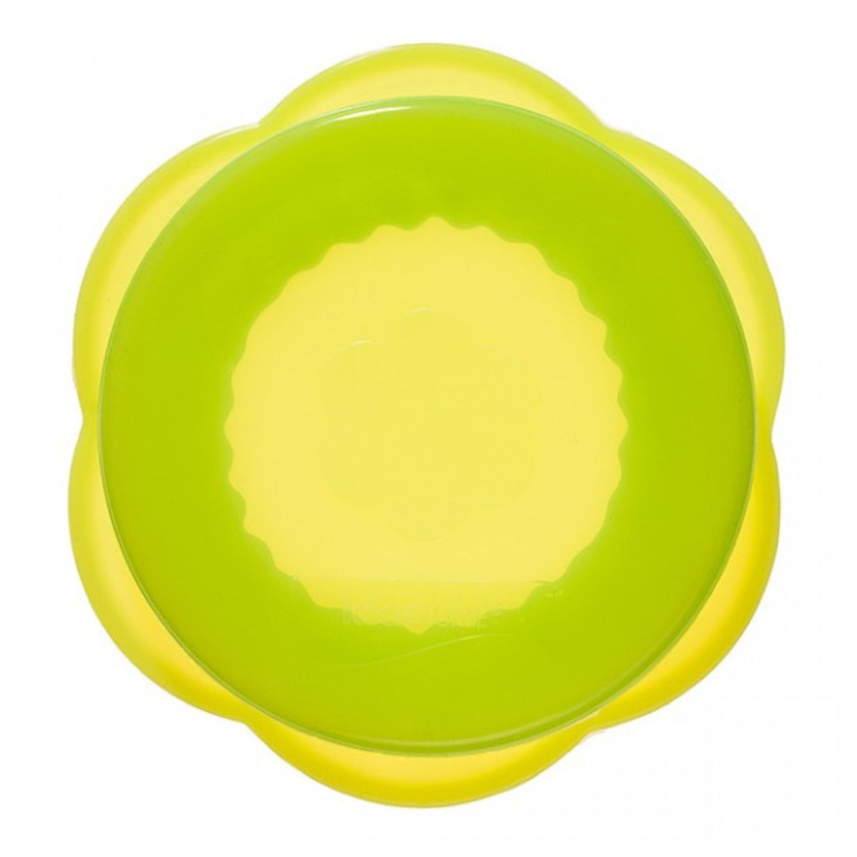 Flexibler, runder Deckel in Limettengrün mit gelben Blütenblättern aus Silikon, Ø 20 cm.