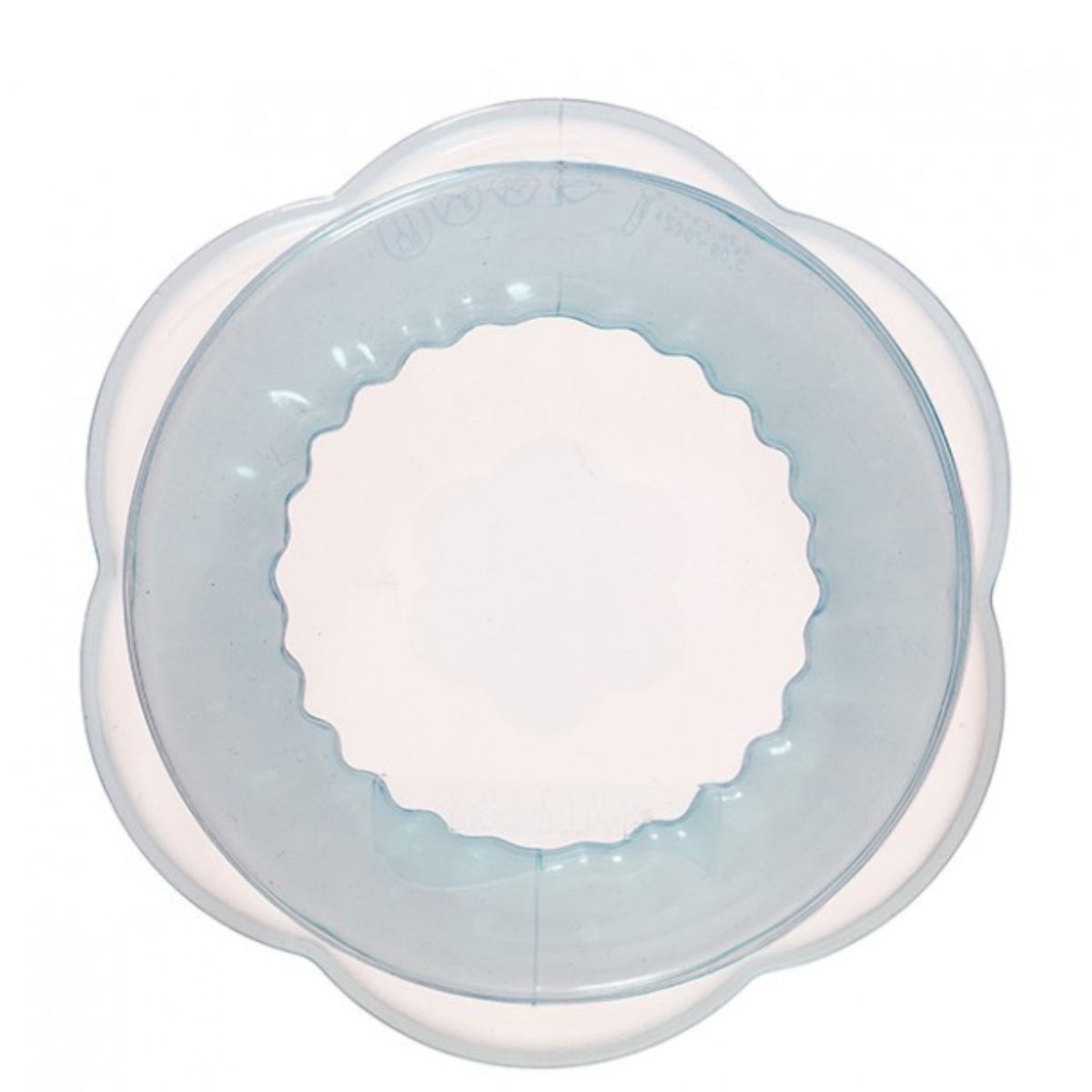 Transparenter, hellblauer Kunststoff-Deckel mit wellenförmigem Innenrand, Ø 20 cm.