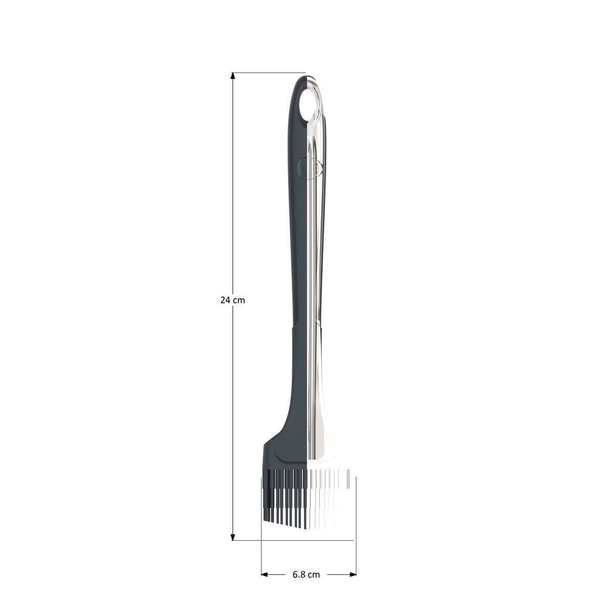 Backpinsel mit weißem Silikonkopf und anthrazitfarbenem Griff, 28 cm lang.