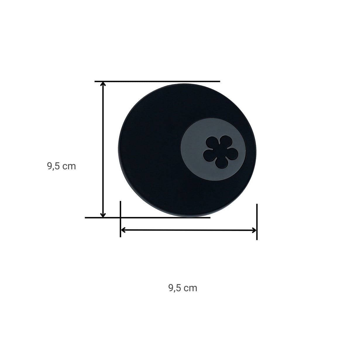 Runder anthrazitfarbener Multiuntersetzer mit floralem Motiv, 9,5 cm Durchmesser.