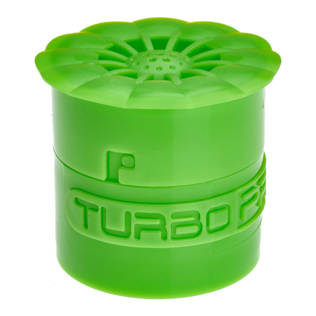 Grüne, zylindrische Fruchtfliegenfalle mit blumenförmiger Öffnung und Prägung "TURBO FLY".