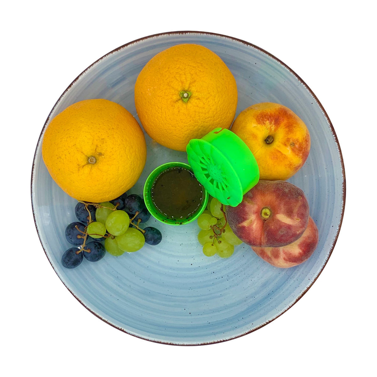 Blauer Teller mit Orangen, Nektarinen, Trauben und grüner Fruchtfliegenfalle geöffnet.