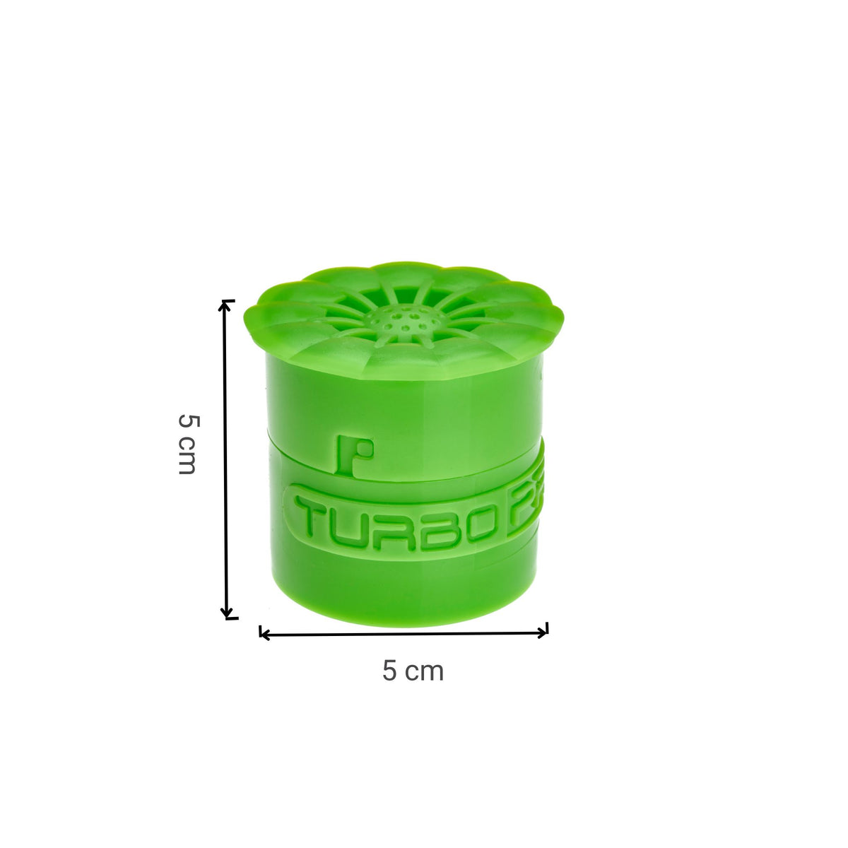 Grüne Fruchtfliegenfalle aus Kunststoff mit Lüftungsschlitzen, 5 cm hoch und breit.