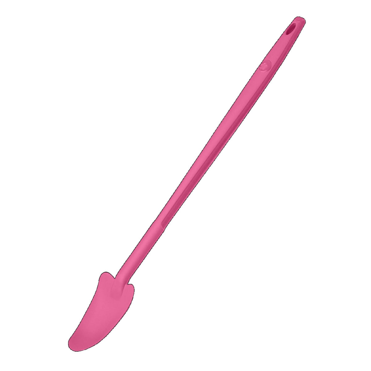 Restelöffel in Pink mit langem Stiel und schmaler, spitzer Silikonspitze.