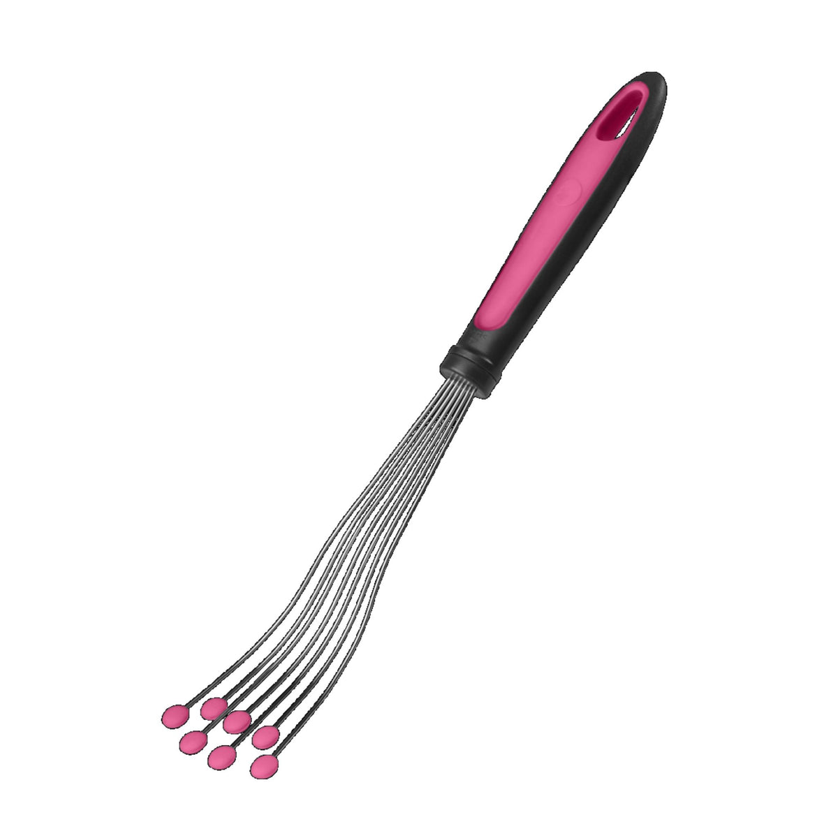 Tellerbesen mit schwarzem Griff und pinken Enden an den Drähten.