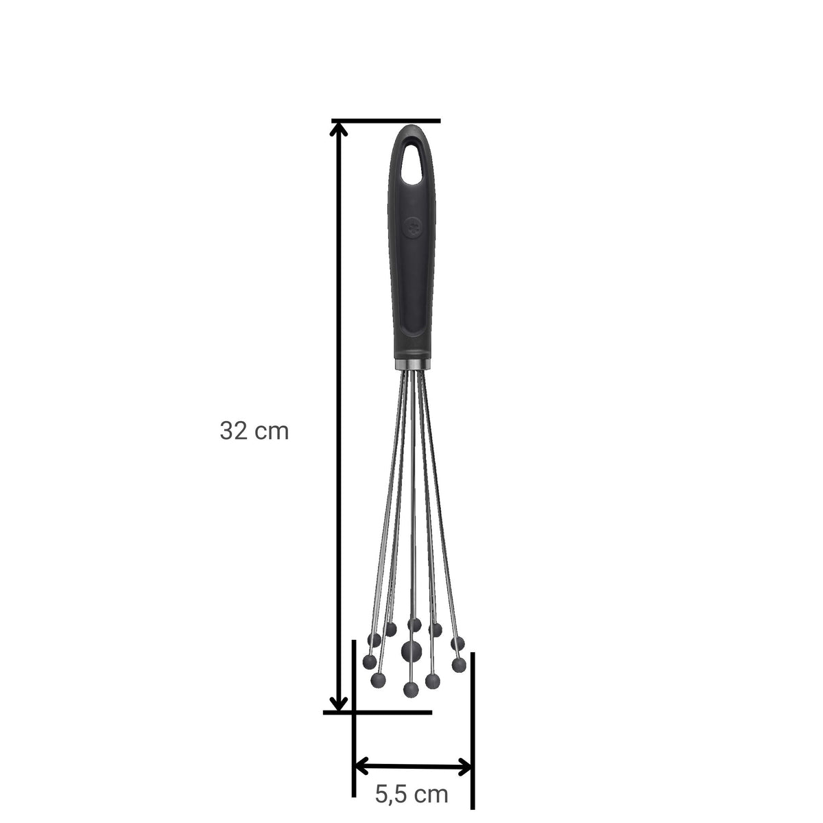 Kugelschneebesen mit schwarzem Griff und metallischen Drahtschlaufen, 32 cm lang und 5,5 cm breit.