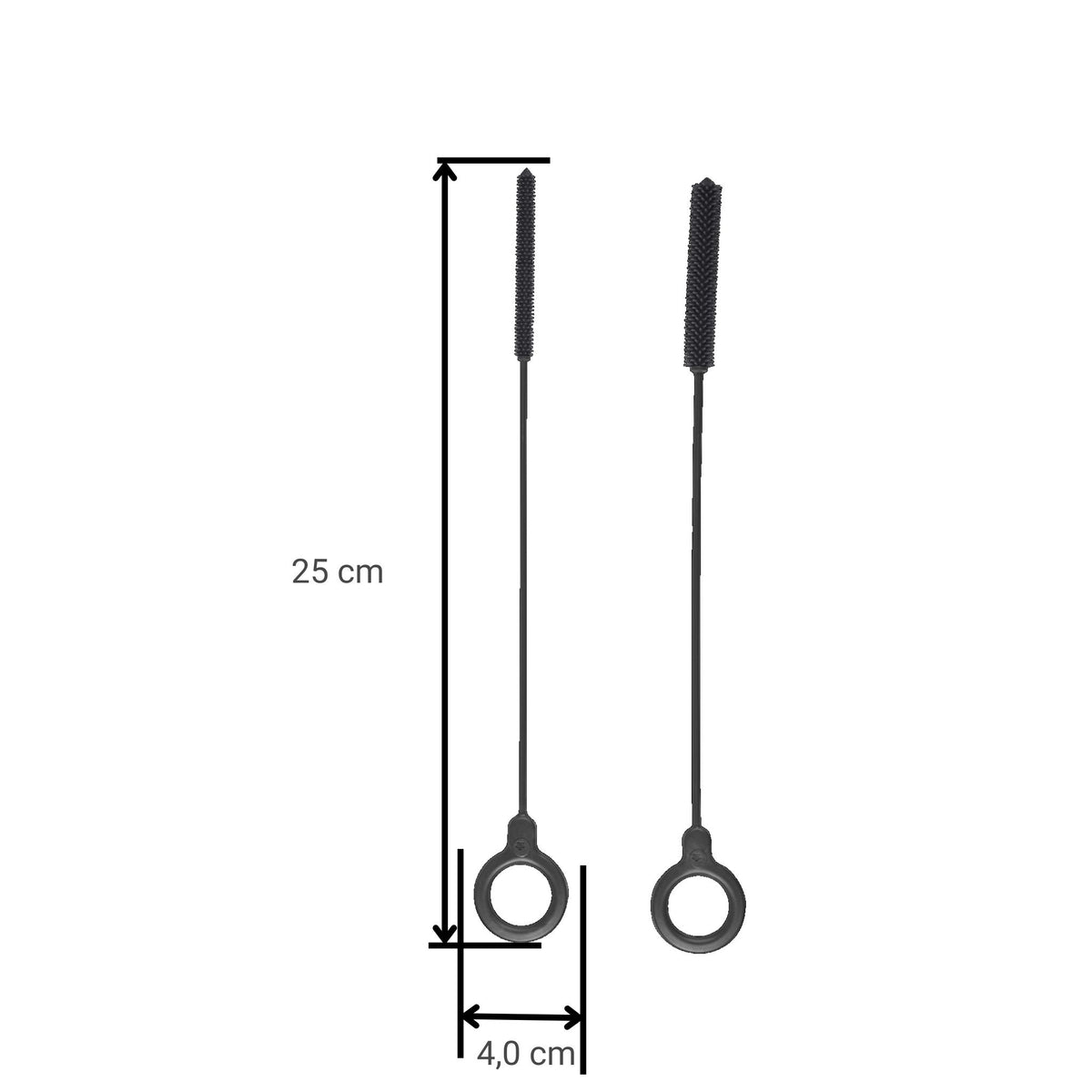 Zwei schwarze Spezialreinigungsbürsten mit rundem Borstenkopf und langem Griff, eine 25 cm lang, die andere kürzer.