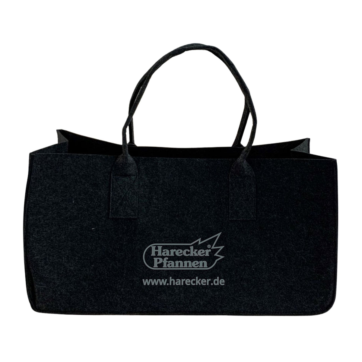 Anthrazitgraue Filz-Einkaufstasche mit kurzem Griff und aufgedrucktem Harecker-Logo.