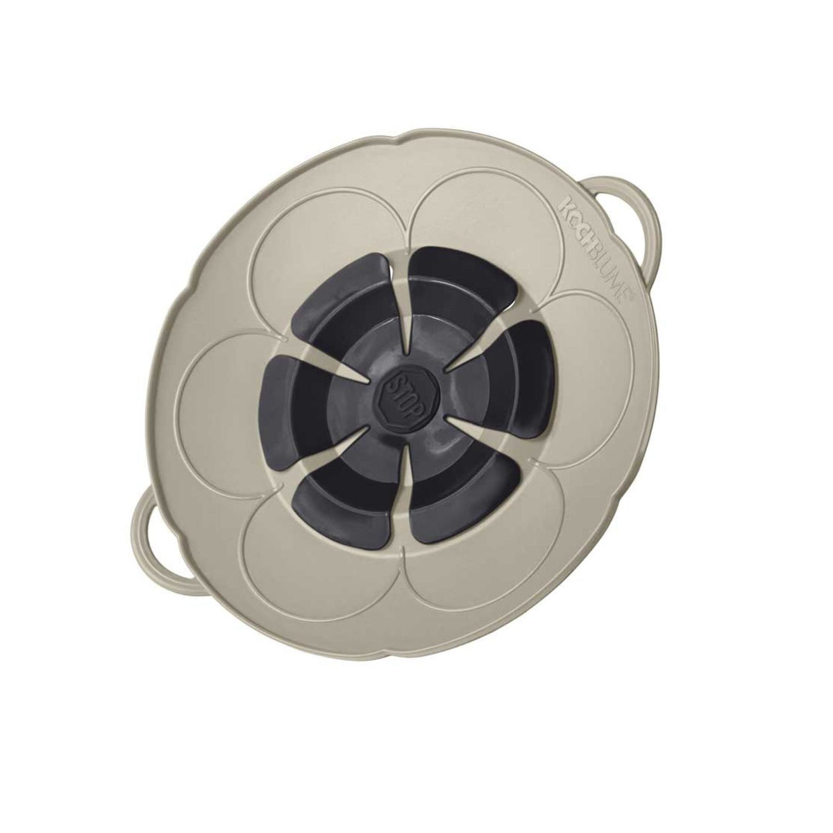 Anthrazitfarbener Kochblume Silikon-Deckel mit blütenförmigem Design und Griffen an den Seiten.