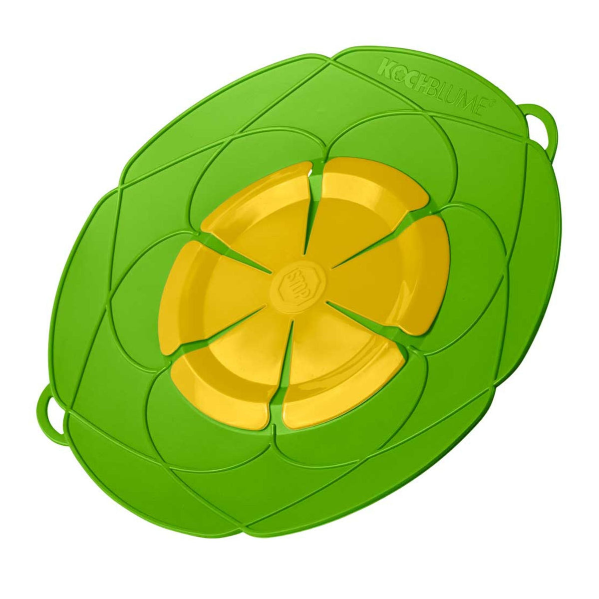 Grüne Kochblume aus flexiblem Silikon mit gelbem Mittelteil zum Abdecken von Pfannen.