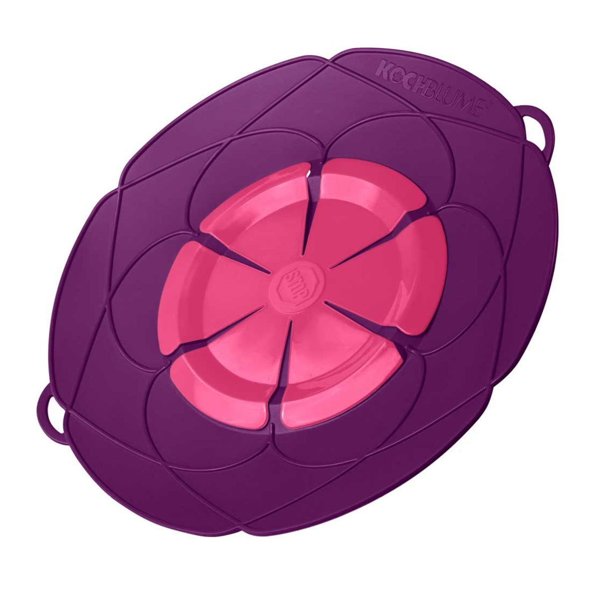 Pfannenschutz aus flexiblem Material in Lila mit pinker Innenseite, flower shaped Design.