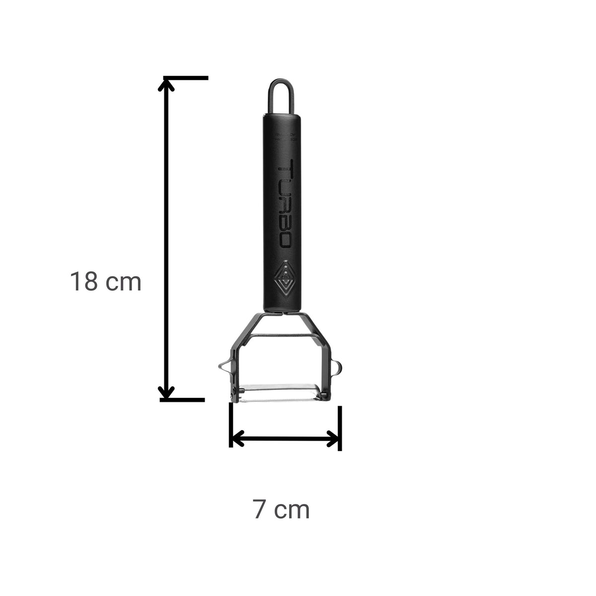 Schwarzer Turbo Schäler mit breiter Edelstahlklinge und ergonomischem Griff, 18 cm lang.