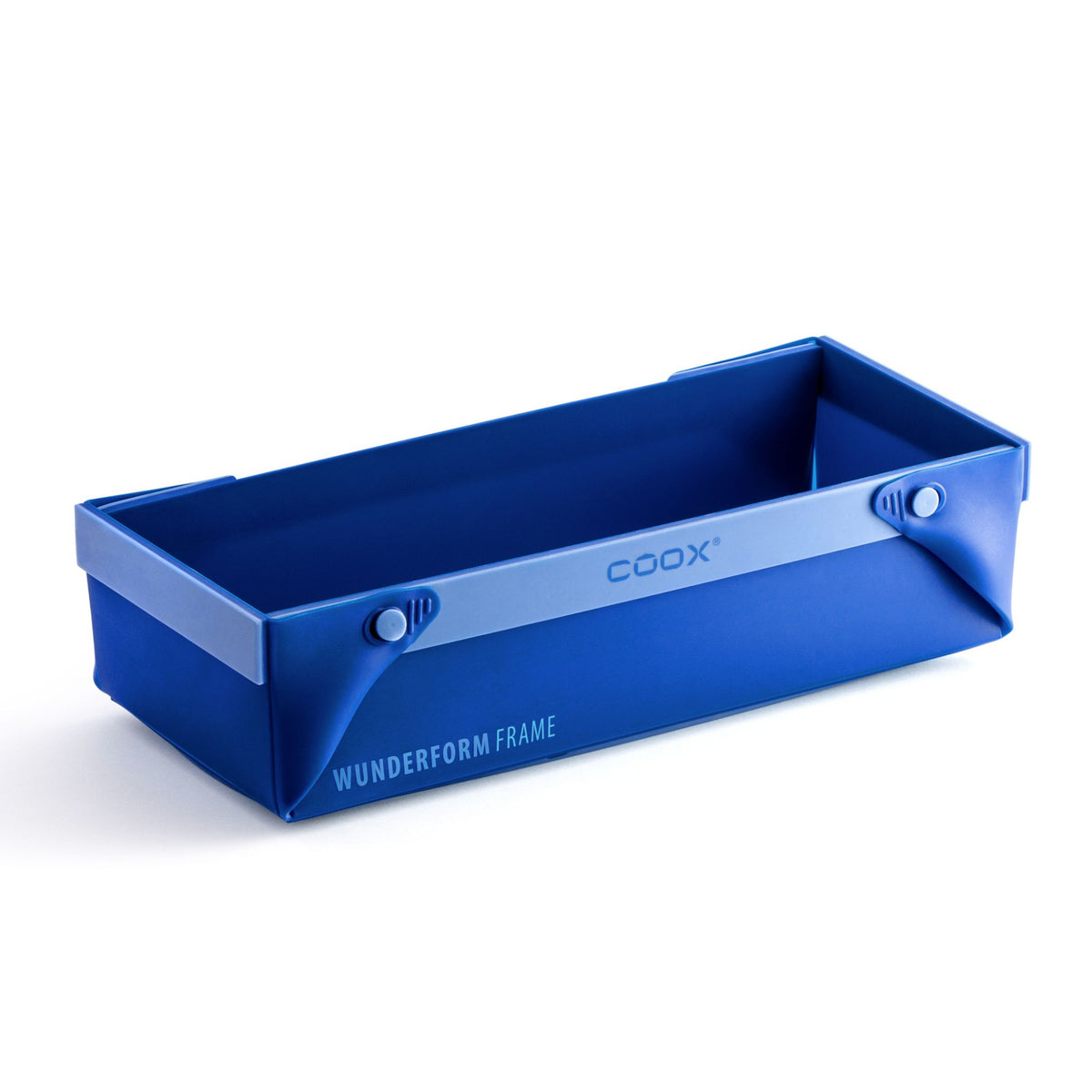 Rechteckige Backform in Blau aus flexiblem Material mit stabilen Ecken und Coox-Logo.