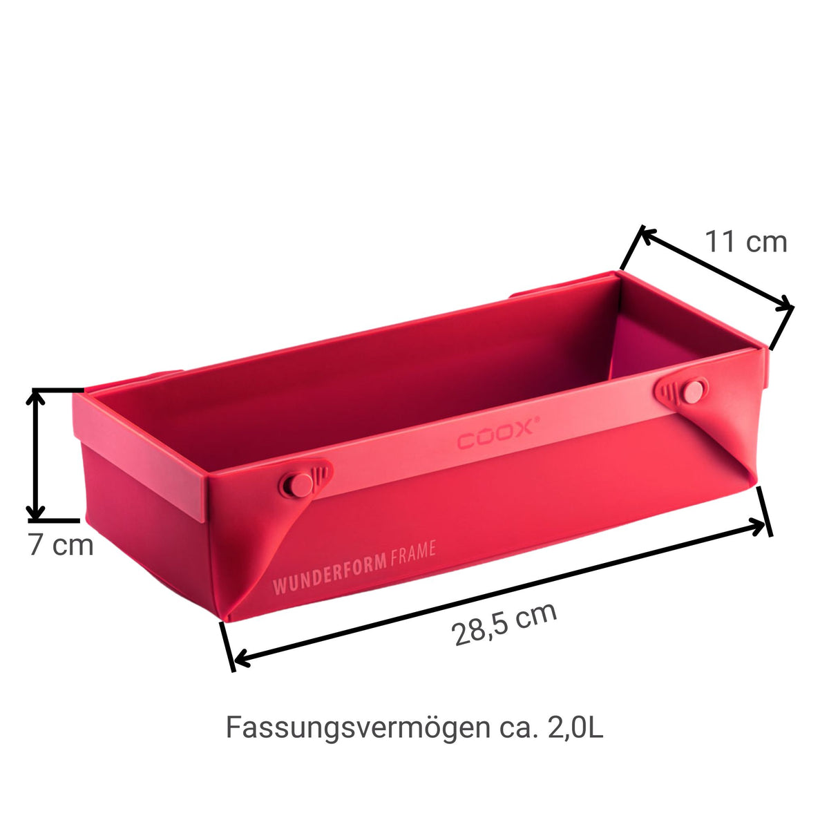 Rechteckige rote Silikonbackform mit 28,5 x 11 x 7 cm und 2 Liter Fassungsvermögen.