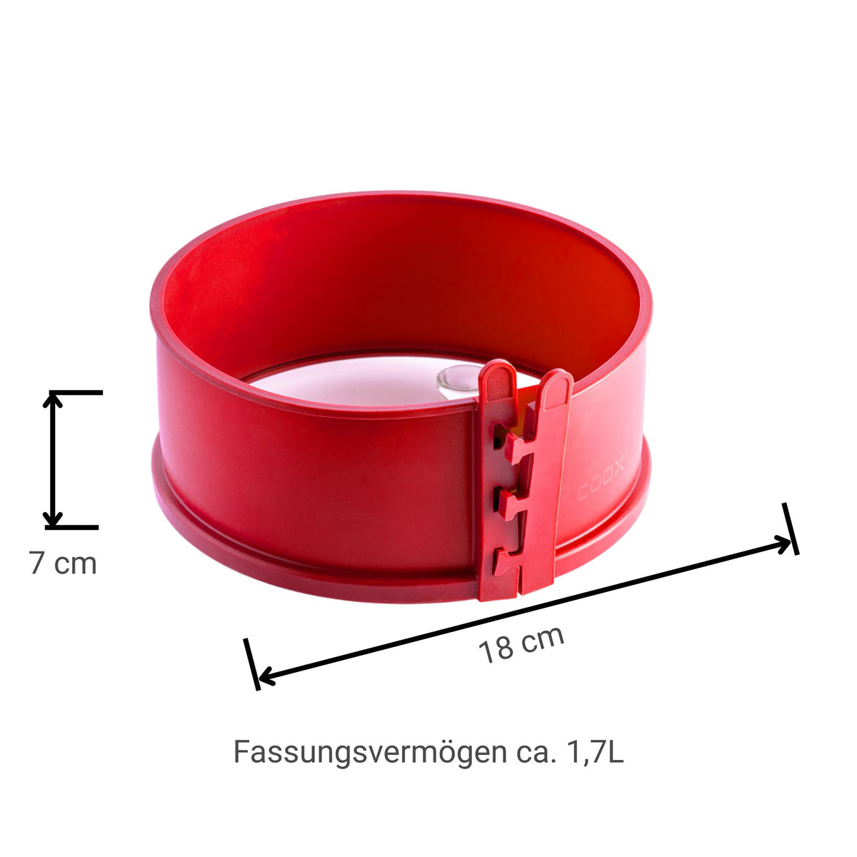 Runde rote Springform aus Metall mit 18 cm Durchmesser und 7 cm Höhe.