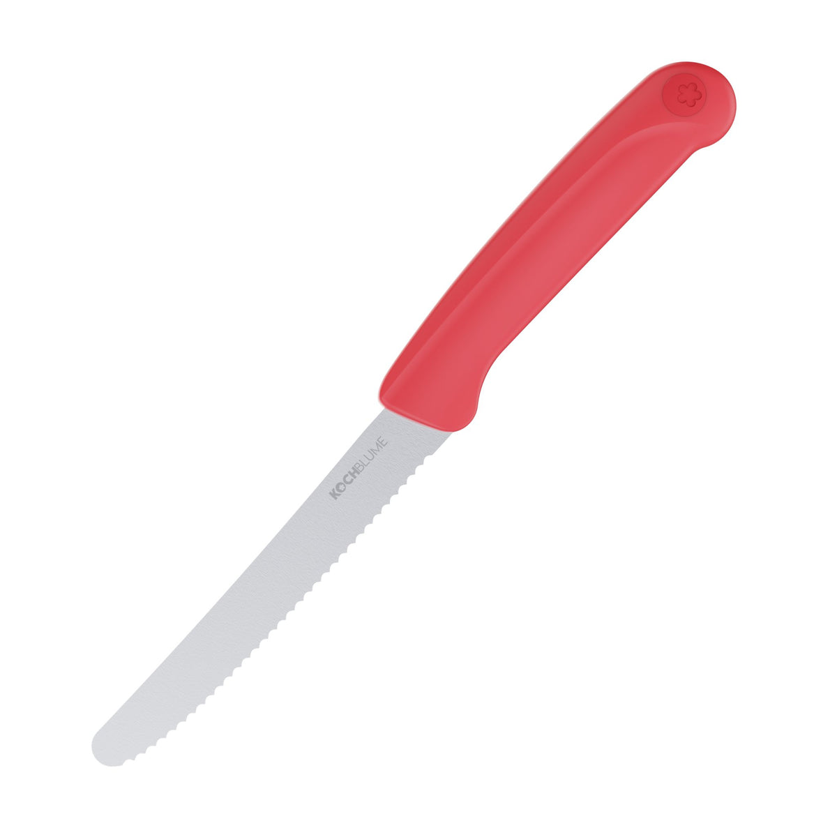 Frühstücksmesser mit rotem Kunststoffgriff und gezahnter Edelstahlklinge.