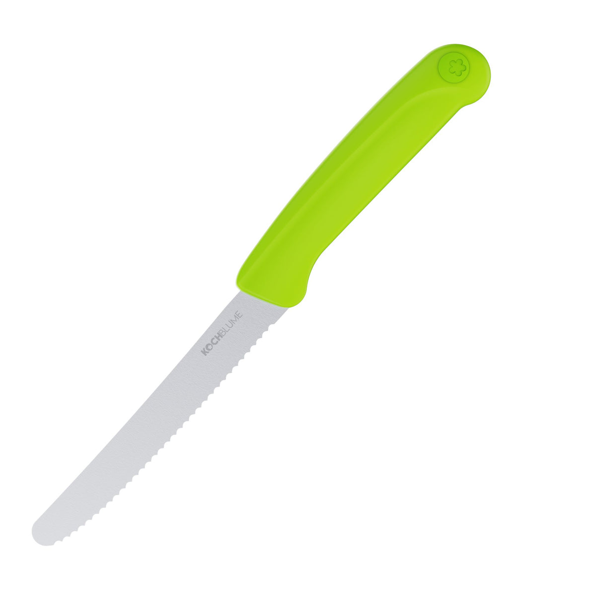 Frühstücksmesser mit gezahnter Klinge und ergonomischem limettengrünem Griff aus Kunststoff.