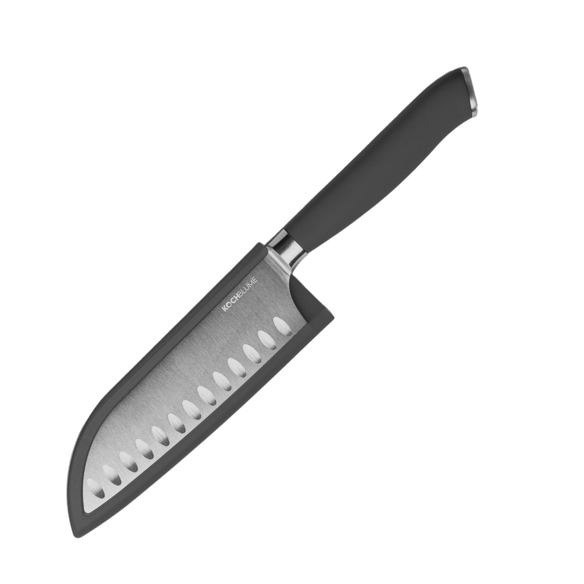 Santokumesser mit anthrazitfarbenem Griff und Klingenabdeckung aus Kunststoff.
