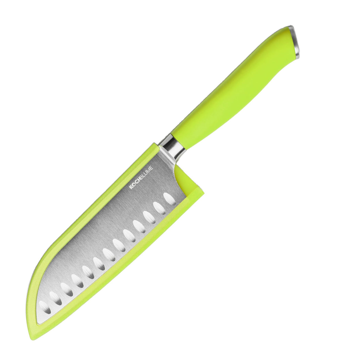 Santokumesser mit limettengrünem Griff und verdeckter Klinge im passgenauen Schutzcover.