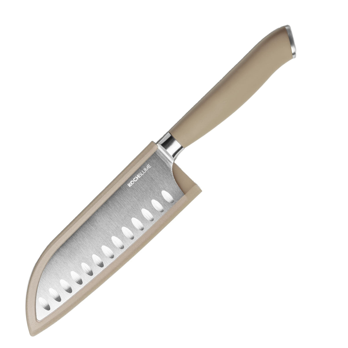 Santokumesser mit taupefarbenem Griff und angeschrägter Klinge aus Edelstahl mit Kullenschliff.