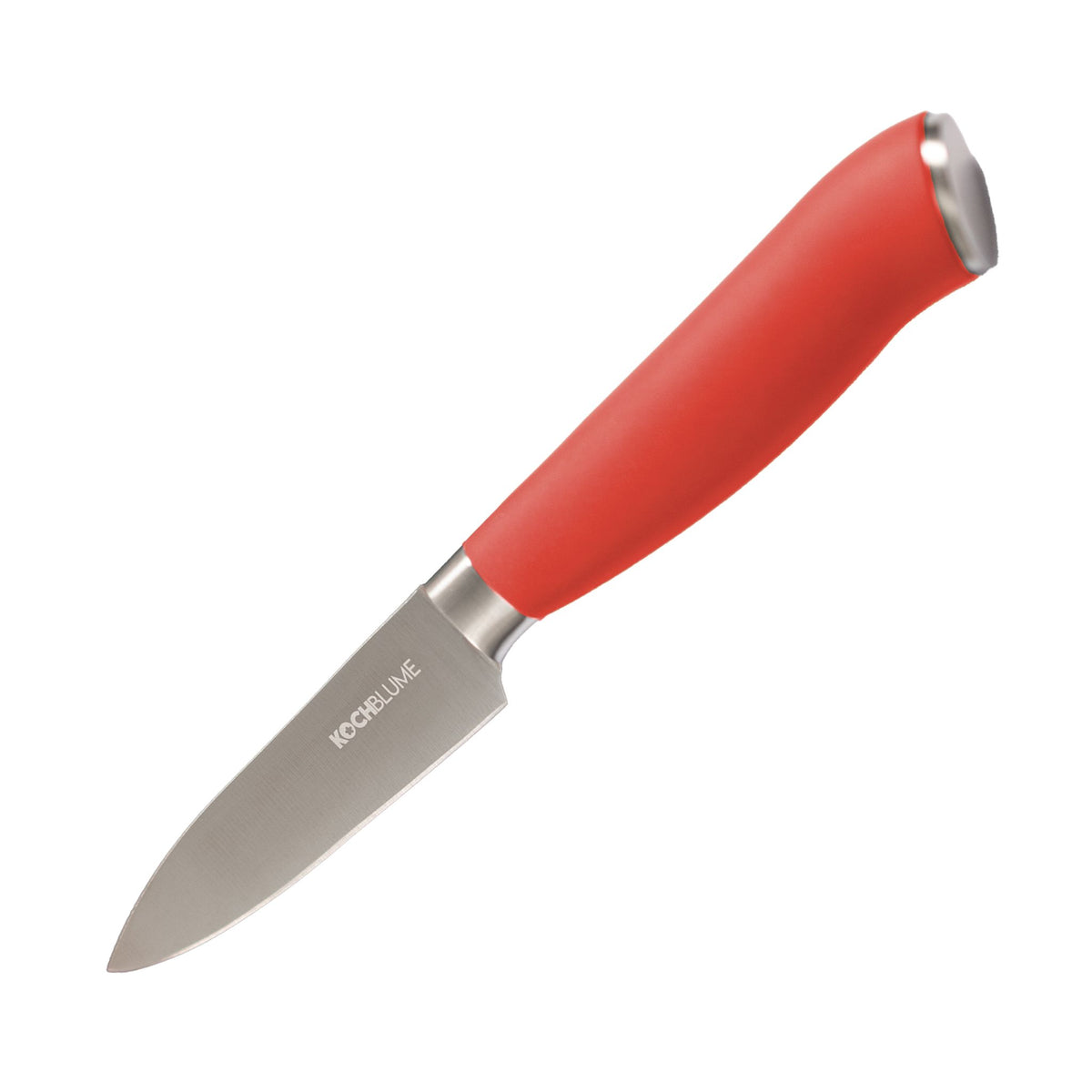 Gemüsemesser mit rotem Kunststoffgriff und Edelstahlklinge, spitz zulaufend.