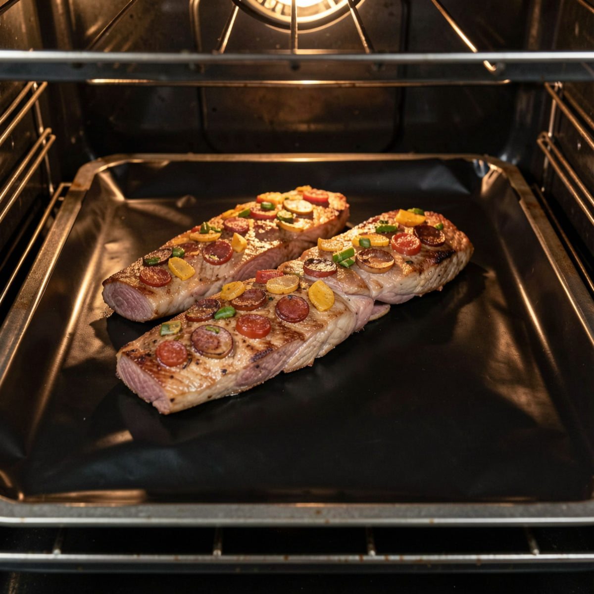 Dauerbackfolie mit zwei belegten Baguettes im Ofen auf schwarzer Oberfläche.