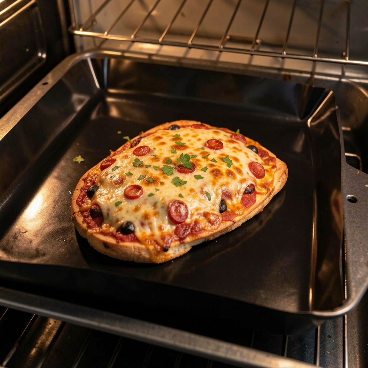 Backblech mit gebackener Pizza im Ofen auf dunkler Dauerbackfolie.