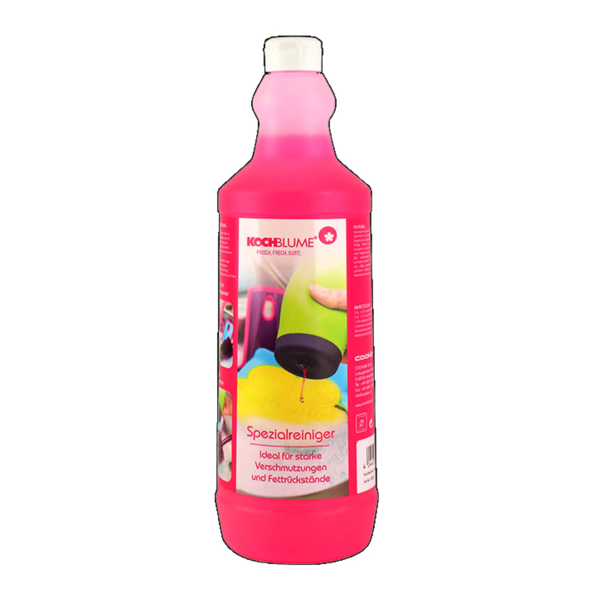 Flasche mit pinkem Spülmittel und gelbem Etikett für spezielle Reiniger.