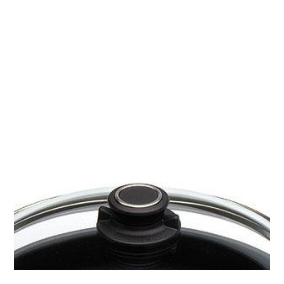 Ersatz Deckelknopf in Schwarz mit silbernem Rand auf Glasdeckel.