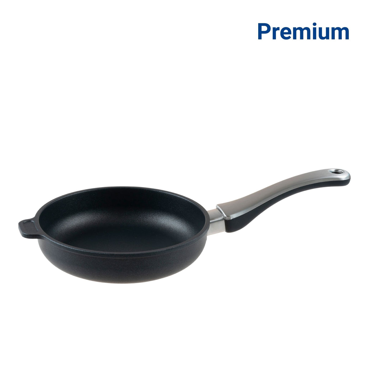 Schwarze Bratpfanne mit langem Edelstahlgriff und Antihaftbeschichtung.