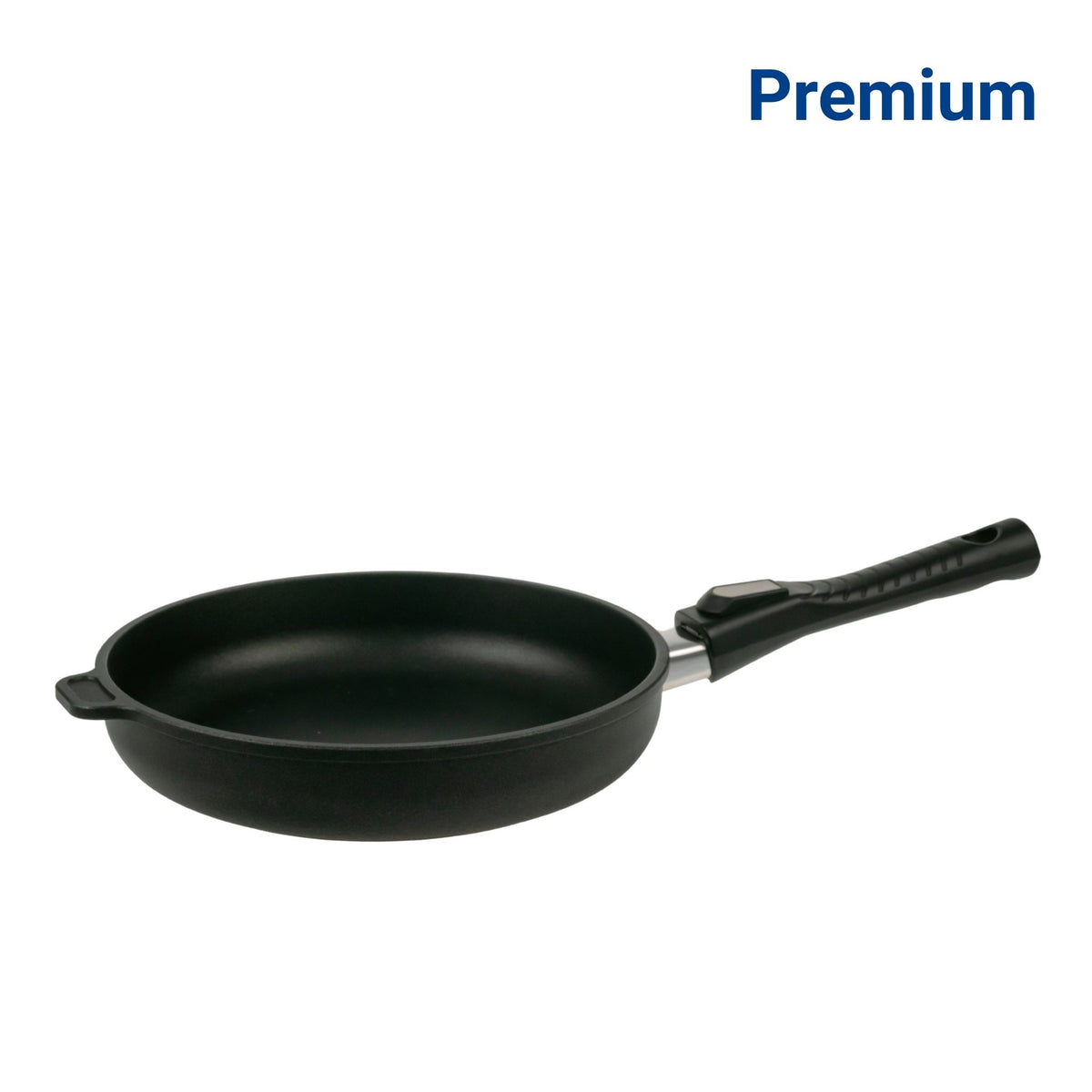 Schwarze Bratpfanne mit langem schwarzem Griff aus Kunststoff, antihaftbeschichtet.
