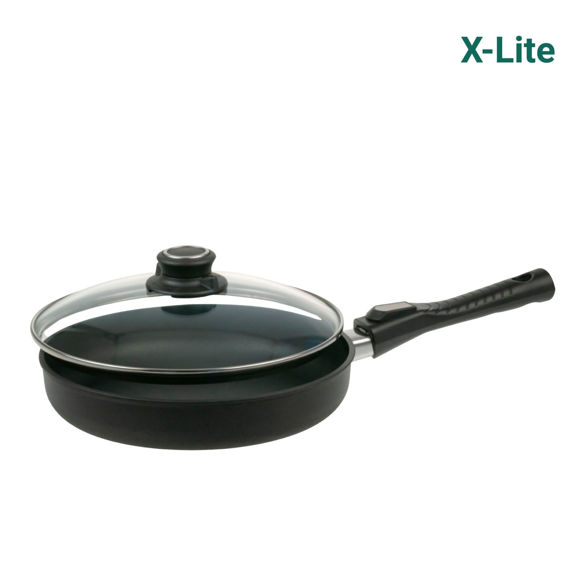 Schwarze Bratpfanne mit abnehmbarem schwarzem Griff und Glasdeckel, mattierte Oberfläche.