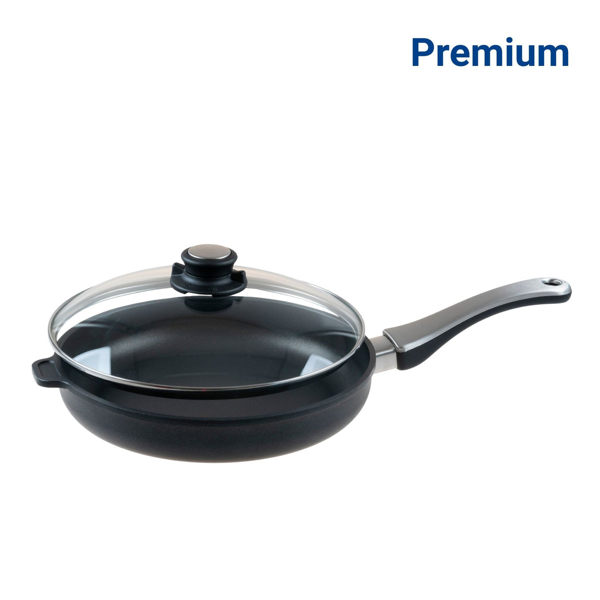 Schwarze Bratpfanne mit Glasdeckel und langem ergonomischem Griff.