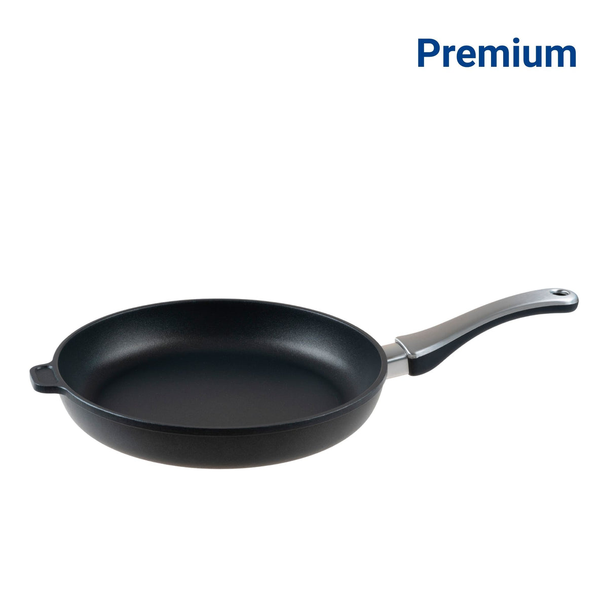 Schwarze Bratpfanne mit langem Edelstahlstiel und Antihaftbeschichtung.